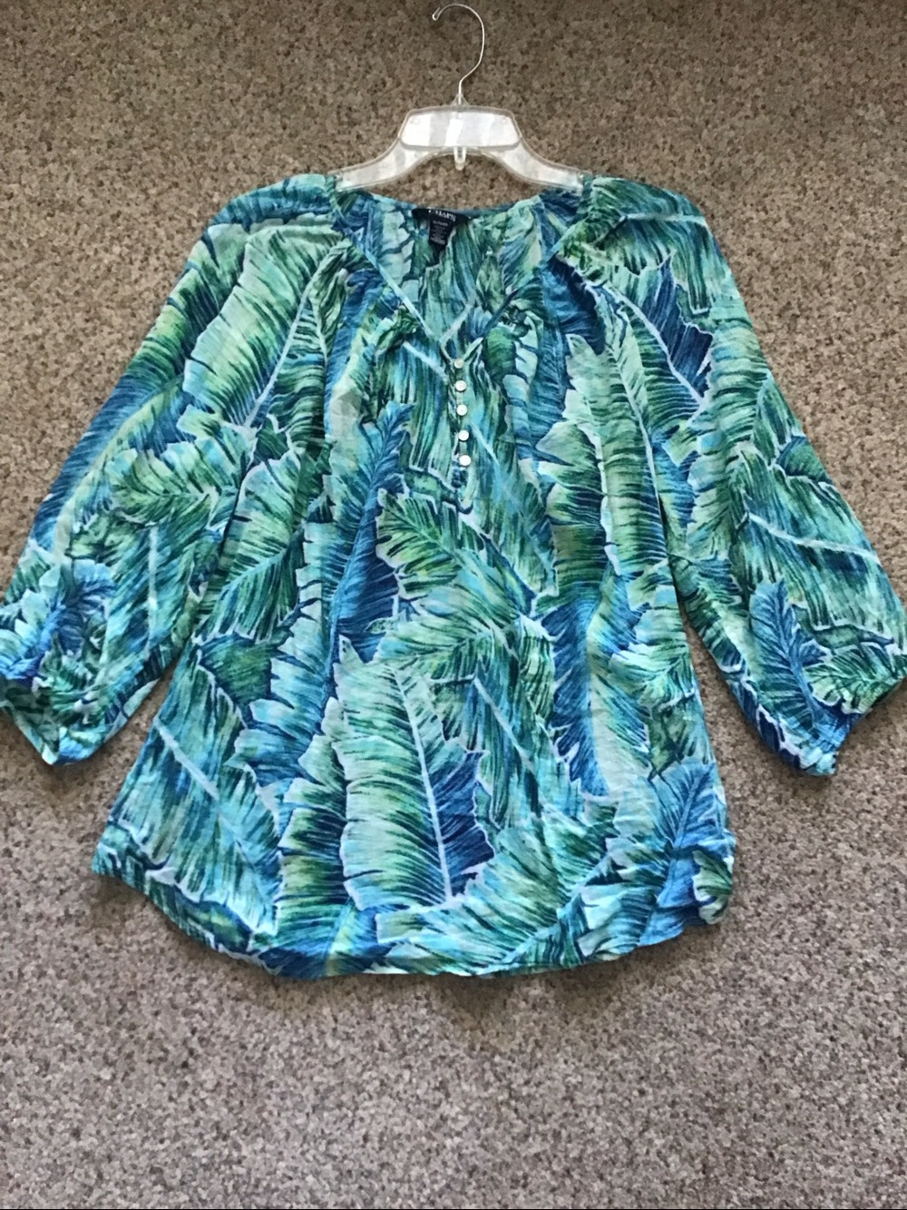 Chaps Blue and Green Tropical Leaf Peasant Top